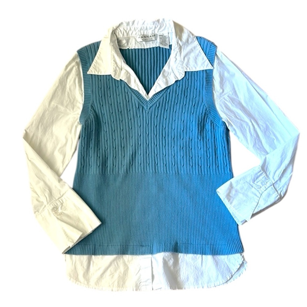HANNAH STRETCH Cable Knit Blue and White Collared Sweater Women’s Size Large